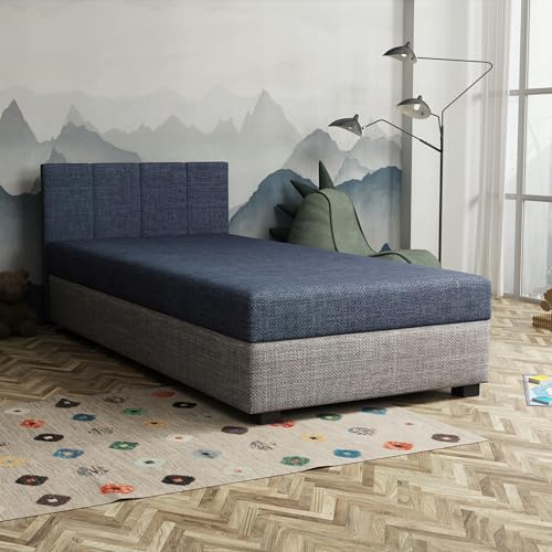 TAPCZANY24 - Boxspringbett Adel 90x200 cm mit Schaumstoff Matratze | Bett mit Matratze, Polsterbett mit Bettkasten, Gepolstertes Einzel Bett, Schlafsofa - Denim mit einem grauen Behälter