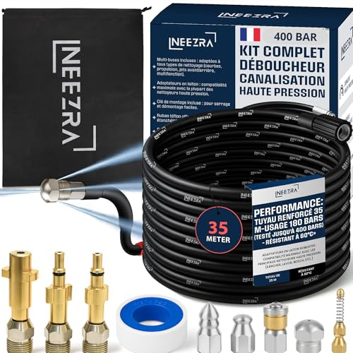 Kit Complet 10-en-1 Déboucheur de Canalisation Haute Pression – Tuyau 35 m Extra-Long Renforcé – 5 Buses + 3 Adaptateurs Laiton – Compatible Kärcher-Furet Kärcher