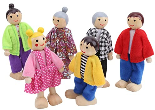 Dioche Puppenhausfamilie Familienpuppenfiguren aus Kiefernholz, Miniaturmenschen-Spielzeugset – Pädagogisches Puppenhauszubehör – Weicher Körper und Flexible Gliedmaßen – Perfekt für Im Alter von