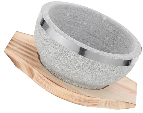 minkissy Ciotola di Pietra Coreana 14 Cm Base e Vassoio in Legno, Ciotola per Bibimbap e Zuppa Tradizionale, Accessorio Cucina Coreana per Cottura su Fiamma e Mantenimento Calore