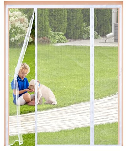 Magnetic Fly Screen for Double Doors 230x240cm,Heavy Duty Mesh Curtain with Side Hooks & 4cm Wide Top Magic Tape,Without Drilling,Fly Net for Patio & French Doors,White