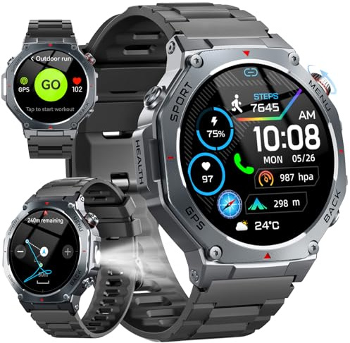 Reloj Inteligente Hombre Militar con GPS y Linterna LED, 5ATM Smartwatch con Brújula llamadas Bluetooth Pulsómetro Oxímetro Sueño, 1.43AMOLED Reloj Deportivo con 160+Modos Deportivos para IOS Android