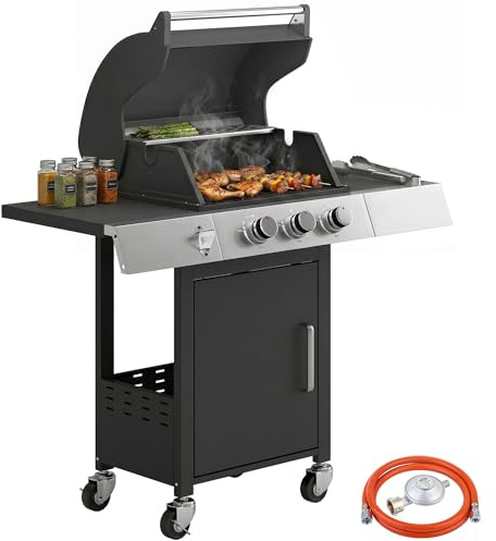 Outsunny Barbacoa de Gas BBQ Gas con 3 Quemadores 8,1 kW Barbacoa Portátil con Termómetro Mesas Laterales Armario Rejilla Calentadora Parrillas de Hierro Fundido Recogedor Grasa y 4 Ruedas Negro