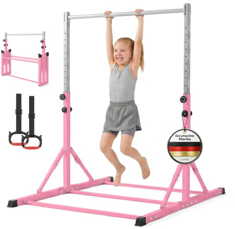 Parex Kinder Turnreck höhenverstellbar – Stabiles Indoor & Outdoor Gymnastikreck mit Turnringen, Reckstange aus echtem Buchenholz oder Metall, Turnstange für Kinder & Jugendliche, Belastbar bis 130kg
