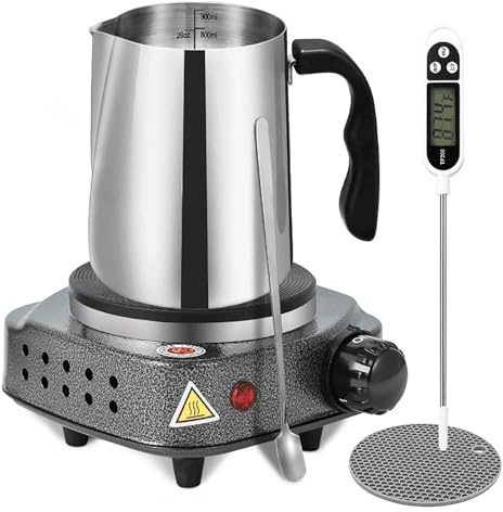 Vax smältdegeluppsättning, 500W ljusmaskin med värmebeständigt handtag, 900ml rostfritt stålkopp, termometer, värmeisulerande matta, 1-5 temperaturinställningar