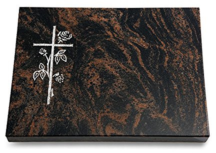 MEMORUM Grabmale Grabtafel, Grabplatte, Grabstein, Grabkissen, Urnengrabstein, Liegegrabstein Modell Pure 40 x 30 x 3-4 cm Aruba-Granit, poliert inkl. Gravur (Sandstrahl-Ornament Kreuz 2)
