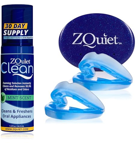 ZQuiet, Anti-Snoring Mouthpiece (Blue) + Cleaner (1.5oz Bottle), Starter Pack with 2 Sizes, Made in USA, BPA-Free, Medical-Grade Material