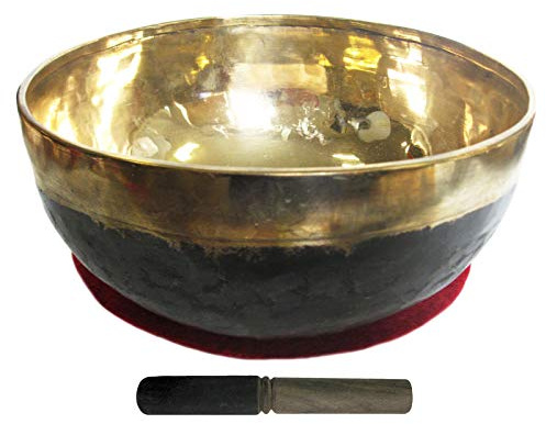 Bengali KLANGSCHALE 2500-2600g Handarbeit 3-tlg Set mit Zubehör. Gold schwarze Schale + Klangschalenkissen + Klöppel (Holz-Leder). 81600-15