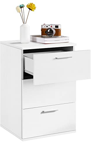 Yaheetech Mesita de Noche Blanca con Tres Cajones para Dormitorio Moderna Mesilla Auxiliar para Salón Café Cama Sofá Minimalista