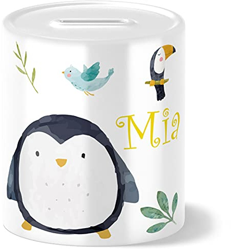 OWLBOOK® Safari Pinguin Spardose Kinder personalisiert | Geschenke zur Einschulung | Taufgeschenke | Geschenk Taufe Geburt Geburtstag Junge Mädchen | Sparschwein Sparbüchse Wiederverschließbar