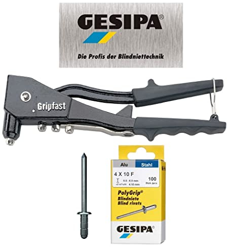 GESIPA | Set di pinze per rivetti NTH + 100 PolyGrip in alluminio – rivetti 4,0 x 10,0 mm | rivetti 0,5 – 6,5 mm | Set ideale di pinze per rivetti e rivetti ciechi per fai da te e artigiani, da