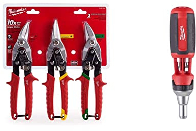 Milwaukee 48224533 Snips Promo Set of 3 & Universal Ratchet Screwdriver 10 in 1 Color E 0 W 0 V Multicoloured One Size, 4932471598