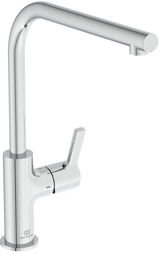 Ideal Standard – Gusto Küchenarmatur, Hoher L-Auslauf mit zylindrischem Querschnitt, mit FirmaFlow Kartusche, Schwenkbereich 360°, Schnellmontagesystem EasyFix+, Chrom