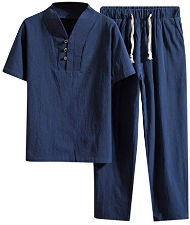 Tuta Sportiva Da Uomo in Cotone e Lino, 2 Pezzi, Per Il Tempo Libero Estivo, Camicia e Pantaloni in Tessuto, Tuta Da Corsa, Primavera/Estate, Blu Marino, XL