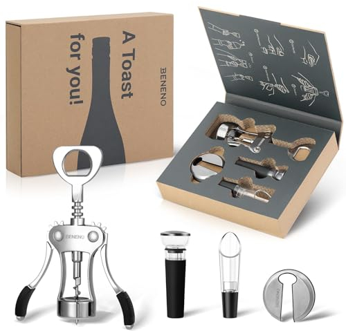 Set Apribottiglie, Set Regalo Accessori Vino Beneno, Apribottiglie Cavatappi con Tagliacapsule, Tappo Sottovuoto per Vino, Aeratore Versatore Vino