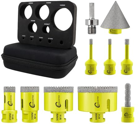 Juego Brocas Diamante 10piezas - (6/6/8/25/35/50/68mm+10mmBroca Fresado+50mmBroca Chaflán+Adaptador) SANLEETEK Dentado Sierra Perforadora de Diamante Cerámica Porcelánico Mármol Granito M14 Rosca