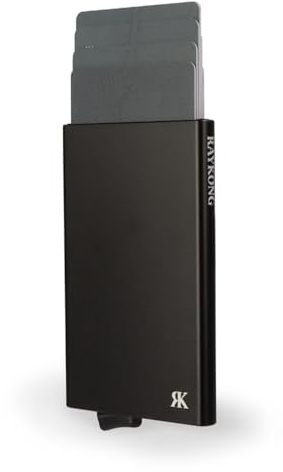 RAYKONG Kartenetui aus Metall für Damen und Herren mit RFID-Block, automatischer Pop-up-Kreditkartenhalter, Diebstahlschutz, Aluminium, minimalistischer Stil, Schwarz , Minimalistisch