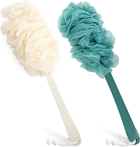MEETOZ 2Pack Back Scrubber for Shower, Loofah Sponge Brush Exfoliating Body, Long Handle Scrub Brush for Shower with Loofah on a Stick for Back Use, Bathing Accessories Body Brushes