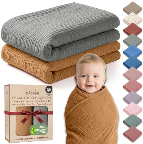 infancie Baby-Musselin-Decke aus Bio-Baumwolle, atmungsaktiv, groß, 120 x 120 cm, für Baby-Wickeldecke, hypoallergene Musselin-Babydecken, vielseitig, doppellagig (Gold/Salbei)