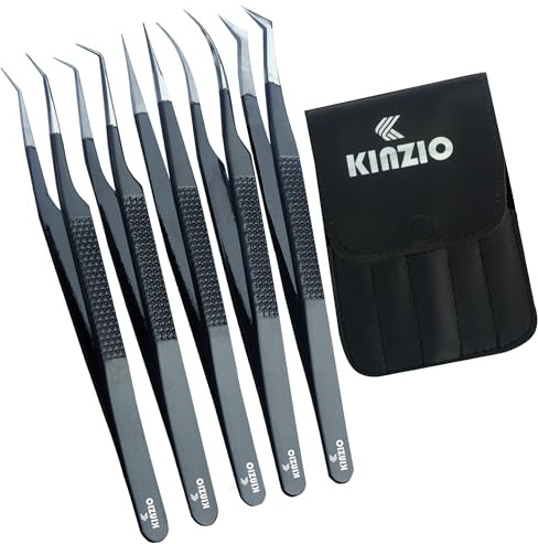 KINZIO Ögonfranspincettset för ögonfransförlängningar, set om 5, japanskt rostfritt stål, rak böjd 45–90 graders volym ögonfranspincett (svart, set om 5)