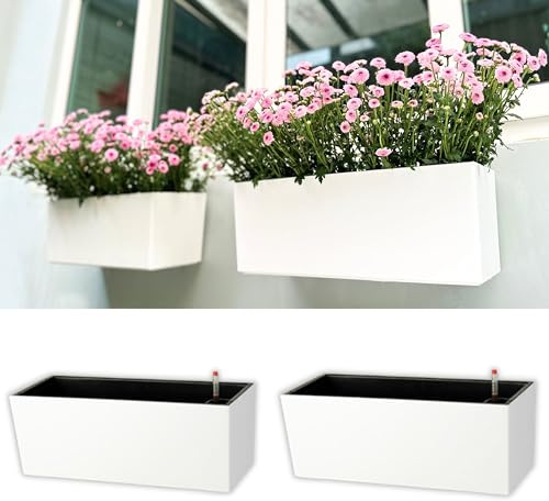 LaLaGreen - Macetero de pared para exteriores (paquete de 2 unidades, 20 pulgadas), color blanco, rectangular, con autorriego, para fijar a la casa con soporte, soporte vertical de pared para plantas