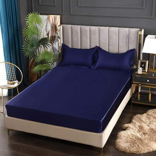 Hixingo Sabana Bajera Ajustable de Satén, Suaves Bolsillo Profundo Sabanas Color Sólido Elegante y 2 Fundas Almohada, con Goma Elástica (Azul Marino,150x200x25cm)