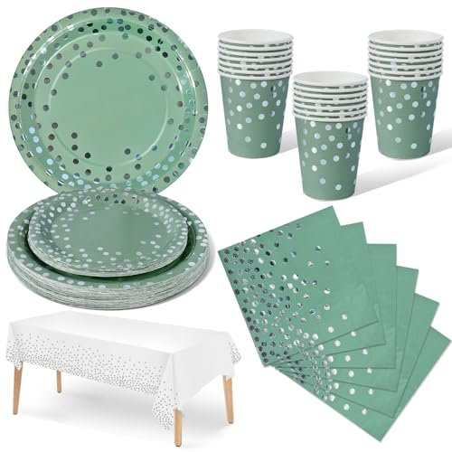 Nkaiso Anniversaire Vaisselle de fete 141 Pièces Vert gazon et argent Party Assiette Anniversaire Set Comprendre Papier Assiette Serviettesr Réutilisable Couverts pour Party Decoration -20 Invités