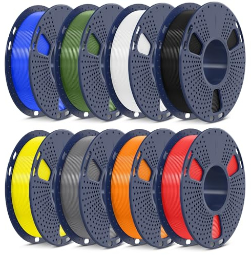 SUNLU Lot de filaments PLA+ de 1,75 mm, filament 3D PLA+2.0, emballé individuellement sous vide, bobine de 250 g, 8 rouleaux, 2 kg au total, noir + blanc + gris + rouge + bleu + jaune + orange + vert