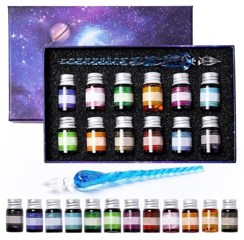 Generisch Glasfeder | Glasstifte Tusche Set | Glasstift Kalligraphie Set mit 12 Bunten Tinten | Auslaufsichere Kaligraphiestifte Set Anfänger zum Schreiben und Unterschriften