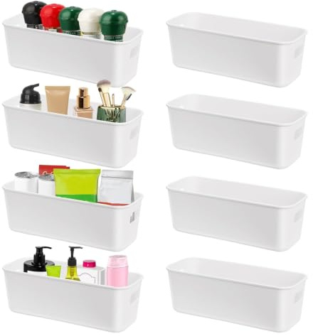 autumndeer 8 pack Narrow Storage Basket, Small White Rectangular Plastic Storage Box with Handle, Stackable Cupboard Organiser for Kitchen, Bathroom Cabinet, Drawers, Fridge, Office, School and Home