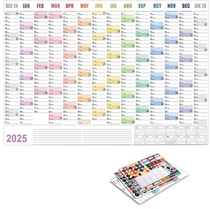 Calendario da parete 2025, 75 x 50 cm, calendario annuale da parete, calendario annuale con adesivi colorati, calendario da parete 2025 per programmi occupati