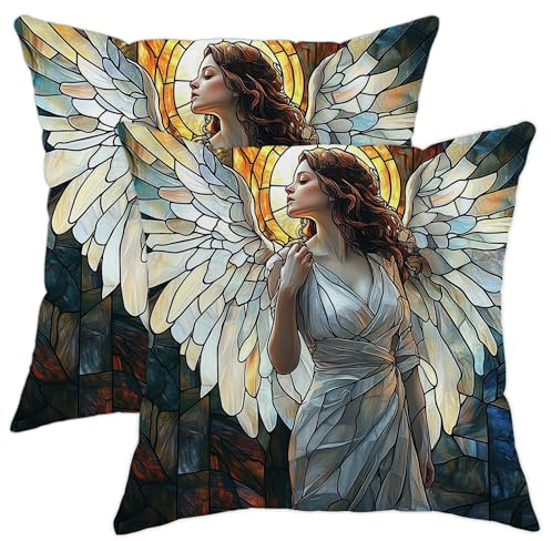 Angel Wings Throw Pillow Covers Set of 2, Stained Glass Style Decorative Cushion Cases, Elegant Home Decor for Sofa Bed Couch in Spring Season 16x16 Inch