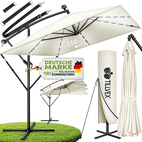 tillvex® Sombrilla de Jardín Rectangular Ø 330 cm con Manivela + Funda con Manivela | Sombrilla con soporte & Protección Viento | Parasol mercado impermeable + Protección UV (Beige - con LED)