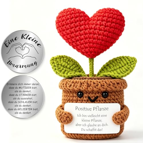 Tixlux Pocket Hug Positive Herzpflanzen-Figur, Kreative Strickwolle Figurine mit Kleiner Umarmung Glücksbringer (Herz), Mutmacher Geschenk, Gute Besserung Geschenk, EinschulungGeschenk