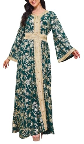 Amxleh Damen Muslimische Kleid V-Ausschnitt Blumen Stickerei Lang Abendkleid Elegant Kaftan Traditioneller Gebetskleidung Outfit Arabisch Gebetskleid Heißgeprägtes, Modisches, Langärmeliges Kleider
