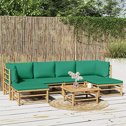 PUEOSZX Gartensofa-Set, 7-teilig, Loungeset für den Außenbereich, Möbel-Set mit grünen Kissen für den Außenbereich, aus Bambus, für Terrasse, Garten oder Wohnzimmer, modulares Design