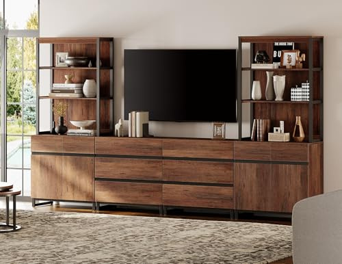 WAMPAT Modern Wall Unit TV Stand with 3 Tiers Bookshelf, Farmhouse Entertainment Center with 2 Storage Cabinets and 6 Drawers, Wooden Media TV Console with Black Metal Leg for Living Room, Brown
