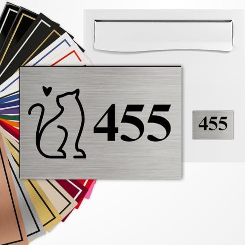 Numéro de boîte aux lettres personnalisé – 3 tailles – Gravure laser – 22 couleurs – Avec ou sans motif (Acier brossé texte noir)