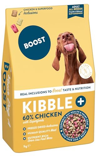 BOOST Pet Food Dog Kibble Plus Chicken - Freeze-Dried Raw Dry Food Kibble for Adult Dogs, Grain Free, Made with Real Chicken, Complete Nutritional Meal for Pets, No Preservatives - 1kg