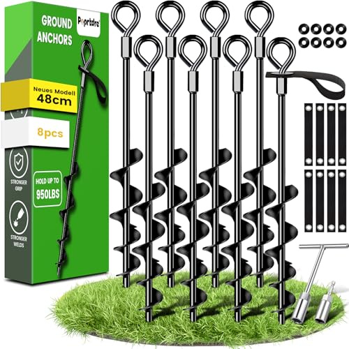 Markankare 48 cm, 8-pack med hållbara remmar, markankare för att skruva in i marken för tält, gunga, baldakin, särskilt stabil och enkel installation