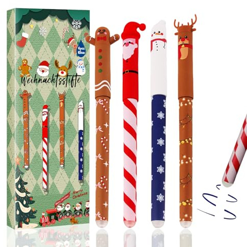 Weihnachtsstifte Kinder | 4PCS Radierbare Stifte Weihnachten, Gelschreiber Radierbarer Kugelschreiber mit Weihnachtsmann, Lebkuchenmann, Schneemann, Elch für Studenten Schule Büro (weihnachten)