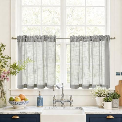 Vangao Voile Scheibengardinen Küche Bistrogardine 2er Set 90B x 60Hcm, Grau | Gardinen Kurz mit Stangendurchzug Modern, Kurzstores Halbtransparent Lichtdurchlässig, Fenstergardinen Tür Vorhang fenster