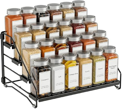 Caossuixin 4 Tier Spice Rack Organiser, Kitchen Metal Spice Rack, Spice Shelf Free Standing, Seasoning Bottle Organizer Condiment Holder Storing 24 Spices Jars for Kitchen Countertop Cupboard Pantry
