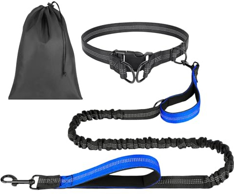 OFFCUP Hand free hund, elastiskt Canicross koppel, canicross bälte för hundar med reflekterande sömnad, med förvaringsväska idealisk för löpning, jogging och promenader, mörkblå