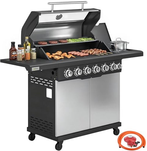 Outsunny 6+1 Burner Gas BBQ Grill, 20.5 kW Portable Outdoor Barbecue Trolley with Wheels, Warming Rack, Built-in Thermometer, Side Shelves, Cabinet, Bottle Opener, Lid with Viewing Window, Silver Tone