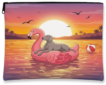 Funny Weimaraner Dog Makeup Bag, Flamingos Lifebuoys Sea Printed Cosmetic Travel Pouch for Women, Pet Portable Small Canvas Zipper Organizer 7x9 Inch