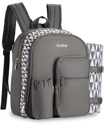VonShef Picnic Backpack, 2 Person Grey Picnic Bag with Full Dining Set, Insulated Cooler Compartment & Large Waterproof Picnic Blanket, Lightweight Water Resistant Camping Accessories | Full Dining Set, Insulated Cooler Compartment, Large Waterproof Picnic Blanket, Lightweight Water Resistant