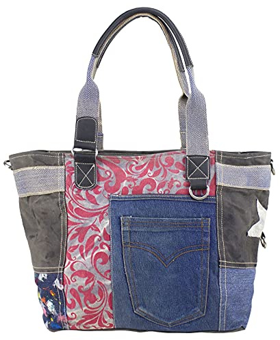 Sunsa Sac à main pour femme Grand sac à bandoulière durable en toile de jean recyclé et cuir. Format A4 Sac cabas Tote pour femme style vintage. Sac à poignet en bleu/rouge, bleu, L, Rétro