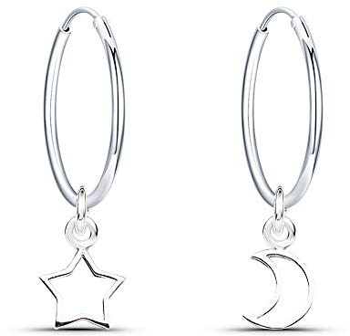Epoch World 925 Silber Ohrringe Damen Creolen mit Anhänger Mond und Stern | Ohrhänger Kreolen Durchmesser 16mm Ohrringe Silber für Damen Frauen und Mädchen