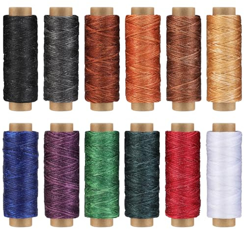 Bamru Leder Faden Set, 12 Farben 150D Gewachster Faden, Leder Nähen Faden 50 Meter pro Rolle, Bunte Ledergarn für Handwerk Nähen Buchbinden DIY